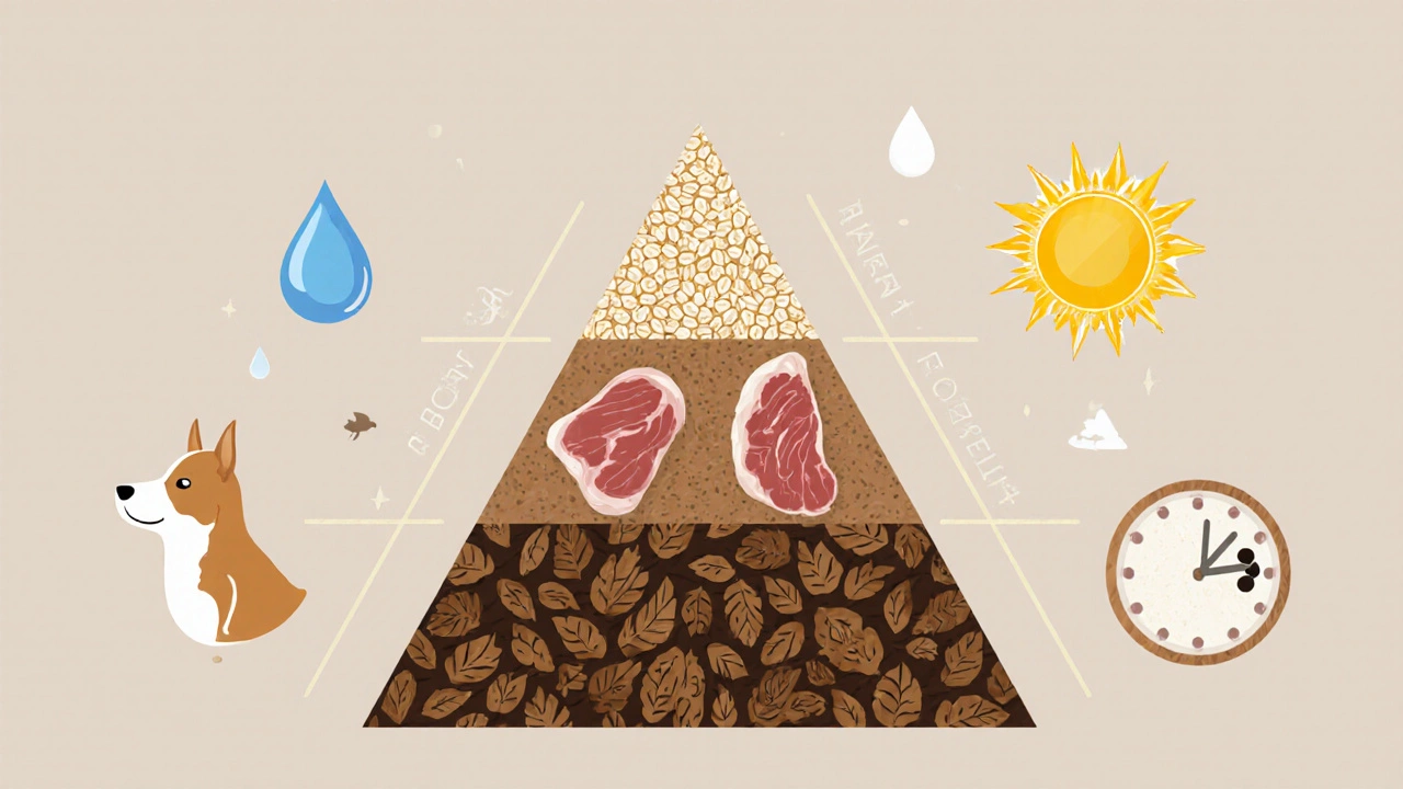 Пирамида питания охотничьей собаки: зерна, мясо, жиры, вода и расписание кормления в визуальной форме.