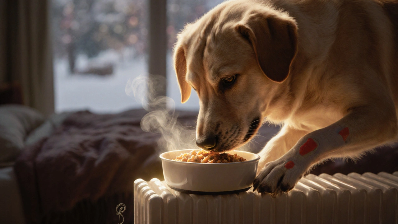 Пожилая собака ест слегка подогретую еду на батарее, теплое свечение вокруг миски.