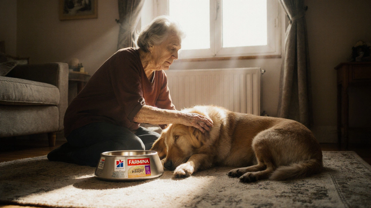 Пожилая собака спокойно лежит рядом с хозяином, её шерсть блестит от здоровья.