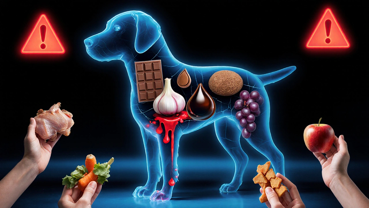 Прозрачная собака, наполненная токсинами, снаружи — безопасные продукты, символизирующие выбор.