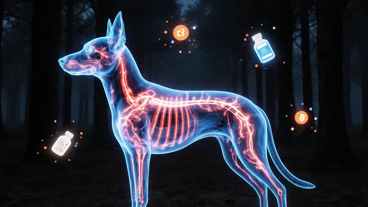 Прозрачное изображение собаки с энергетическими путями, показывающими метаболизм жира и белка.