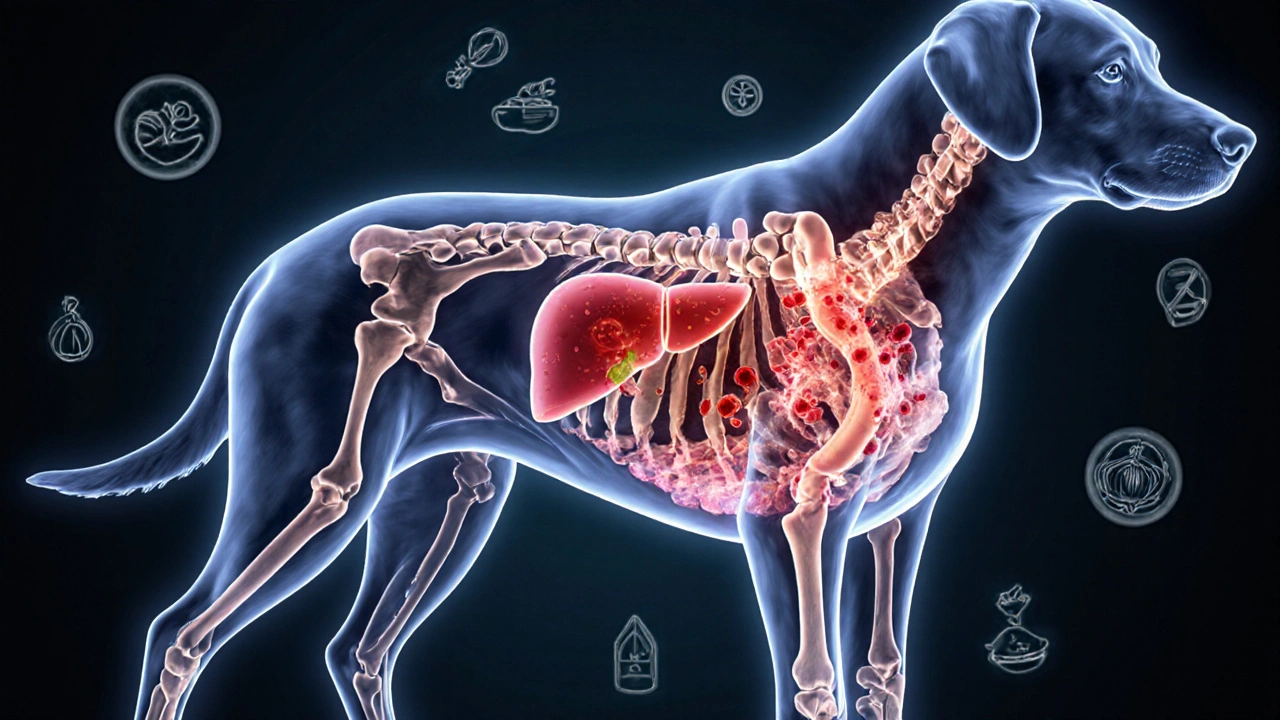 Прозрачное изображение внутренних органов собаки с повреждениями от вредной еды: печень, поджелудочная железа, кости.