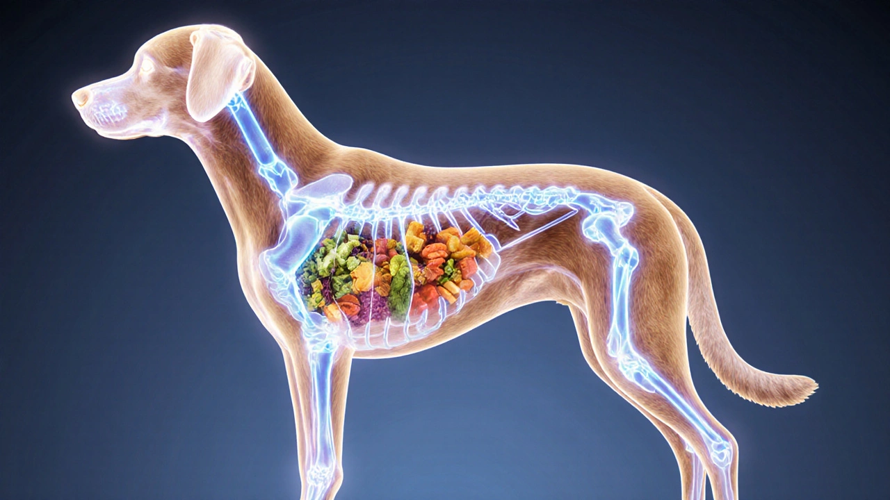 Прозрачный силуэт собаки с внутренними путями питательных веществ, подсвеченных теплыми тонами.