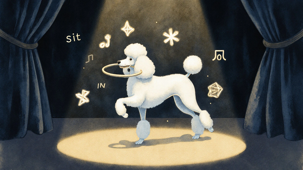 Пудель стоит на задних лапах, держа обруч во рту на сцене.