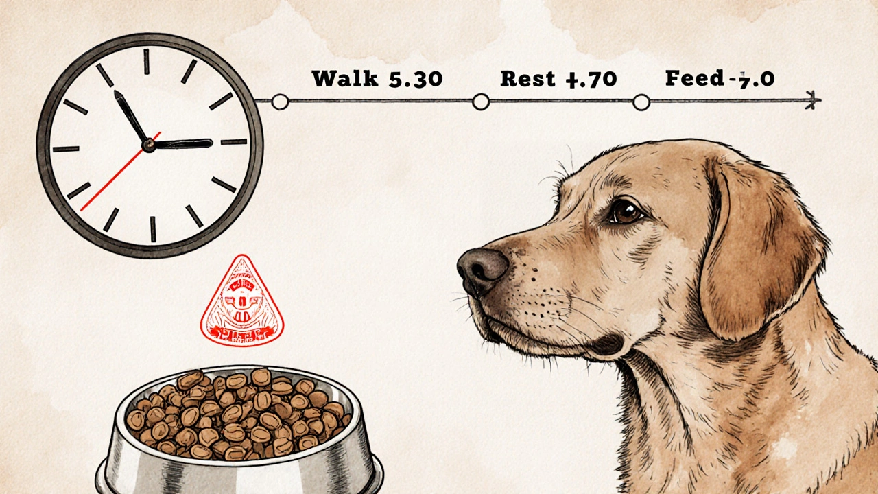 Расписание кормления собаки с графиком и предупреждением о завороте желудка.