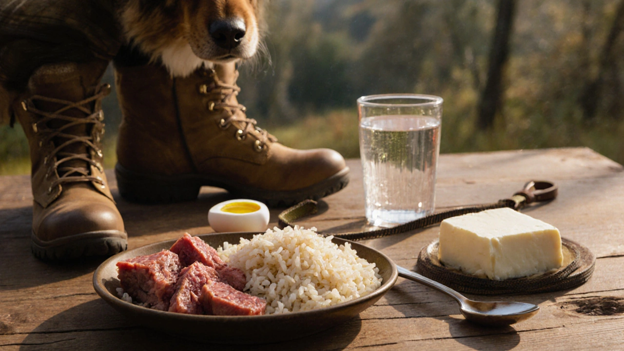 Сбалансированный рацион охотничьей собаки: мясо, рис, масло, яйцо и творог на деревянном столе.