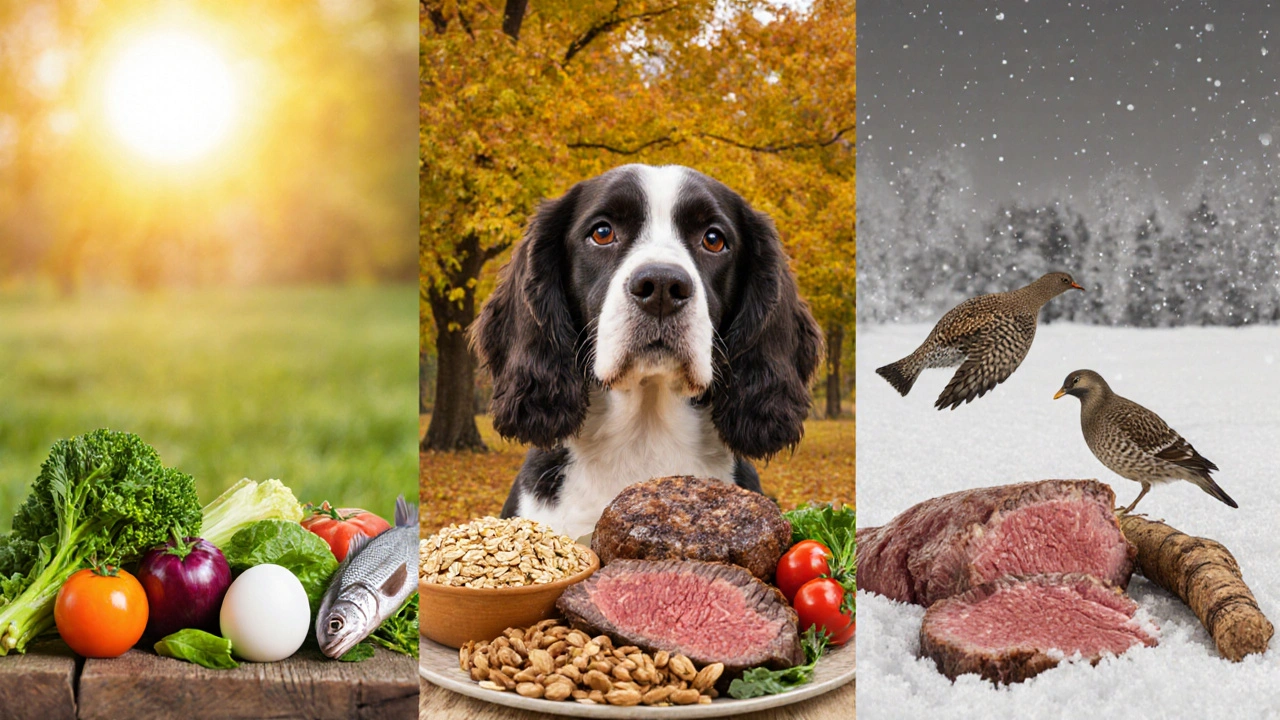 Сезонное питание спаниеля: лето, осень, зима — три сцены с разными продуктами.