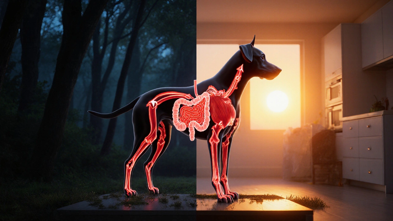 Схема кровотока у собаки: кровь переходит от мышц к желудку после нагрузки.