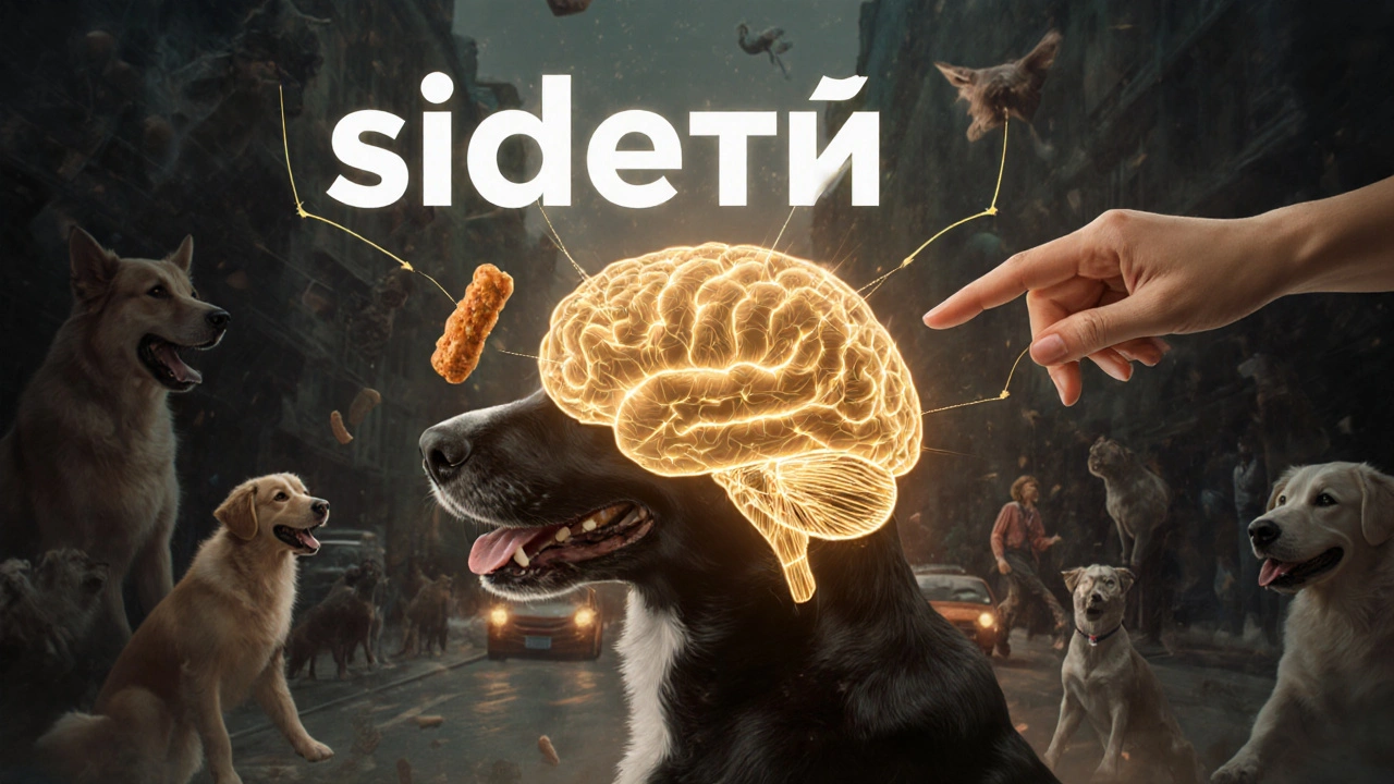 Схема мозга собаки с активными нейронами, связанными с командой и наградой.