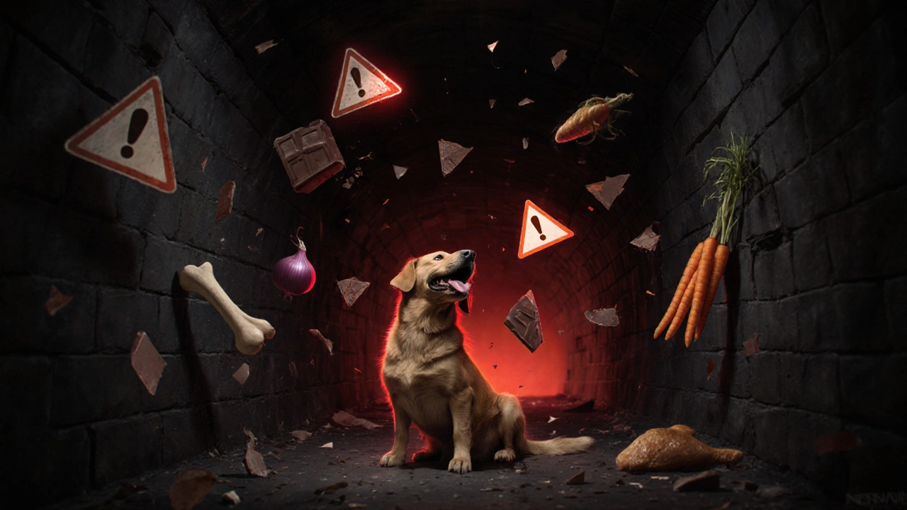 Схематичное изображение пищеварительного тракта собаки с опасными предметами внутри.