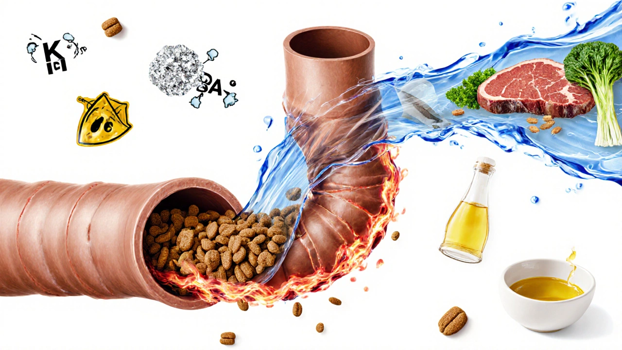 Схематичное изображение пищеварительного тракта собаки с токсинами и крошками корма.