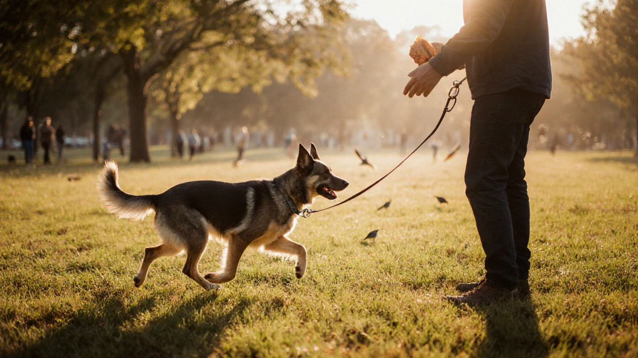 Собака бежит к хозяину в парке на рассвете, держа в руке кусочек курицы.