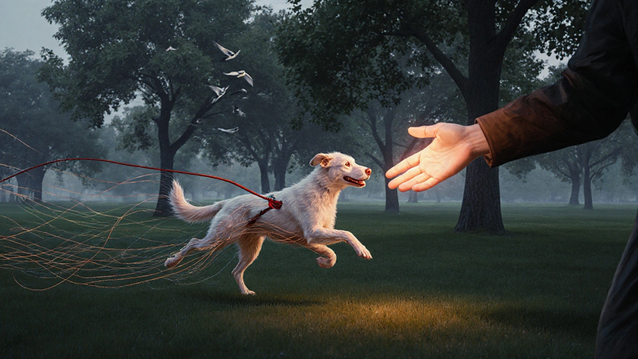 Собака бежит к хозяину в парке, несмотря на отвлекающие факторы.