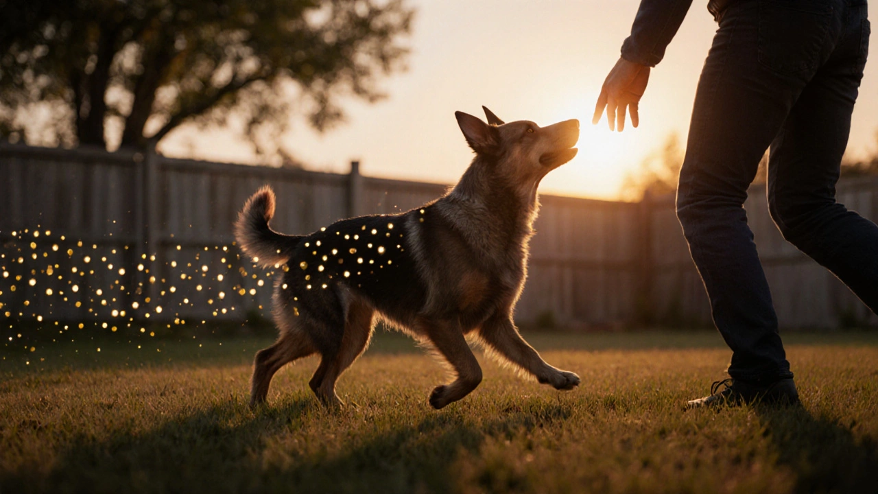 Собака движется к хозяину в тихом дворе, за ней светящиеся точки.