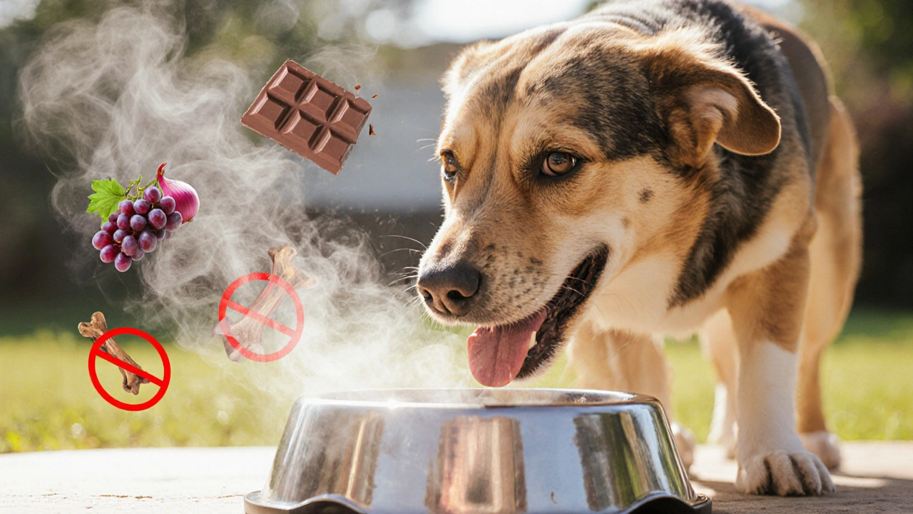 Собака ест, а вокруг нее тают запрещенные продукты: шоколад, виноград, лук и кости.