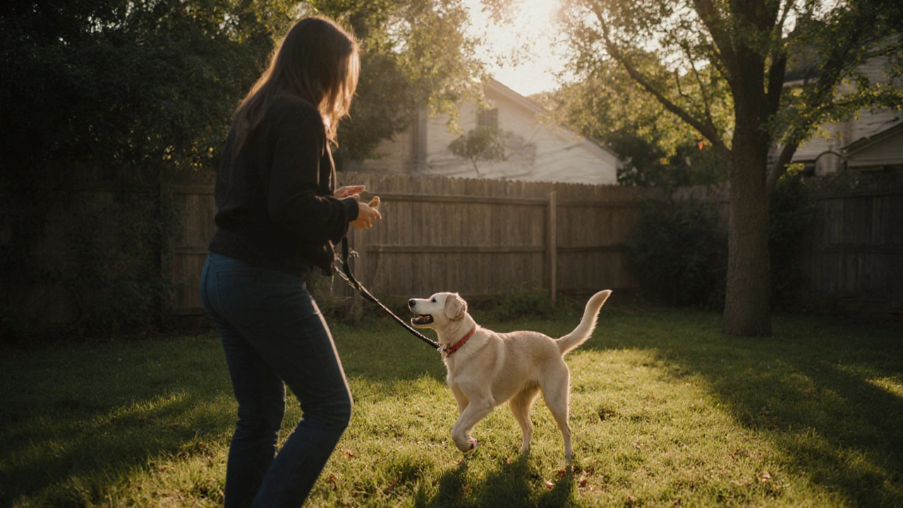 Собака идет к владельцу во дворе, реагируя на команду &#039;ко мне&#039;.