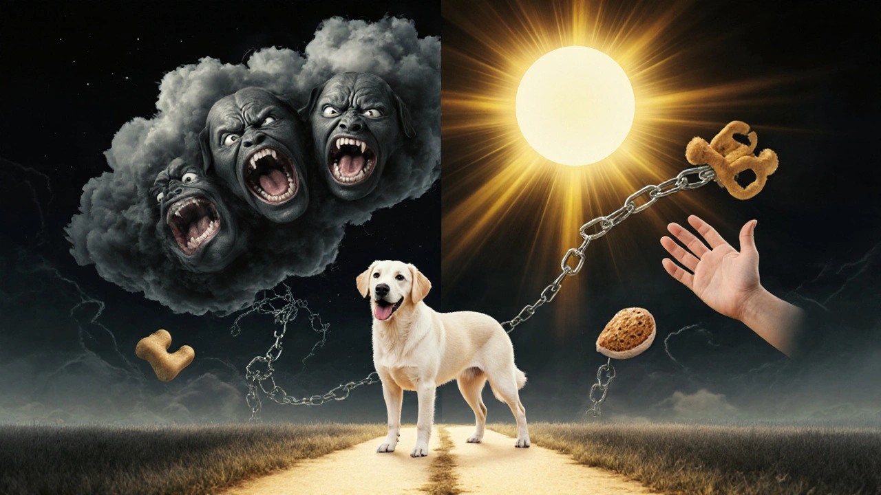 Собака между двумя мирами: один — страх и наказание, другой — награда и любовь — символизируя выбор позитивного обучения.