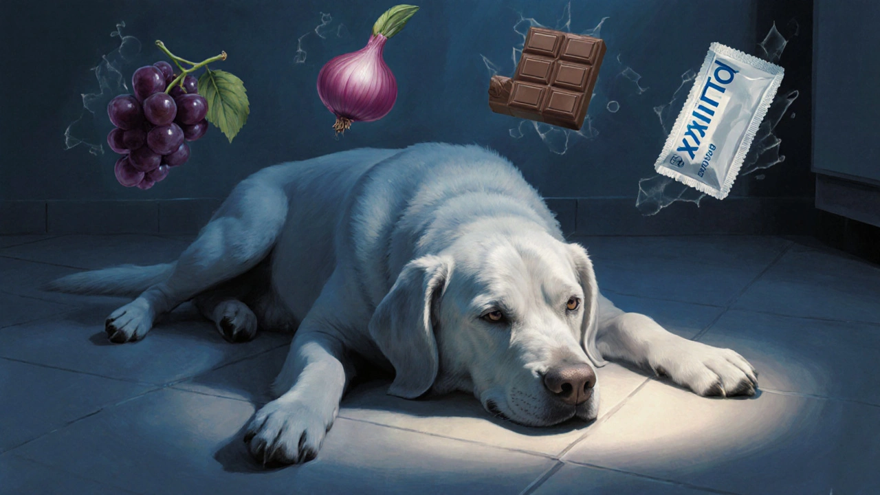 Собака на полу ветеринарной клиники, вокруг неё — символы токсичных продуктов.