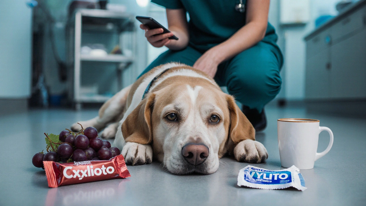 Собака на полу ветклиники, рядом — упаковки от ядовитых продуктов, ветеринар готовит укол.