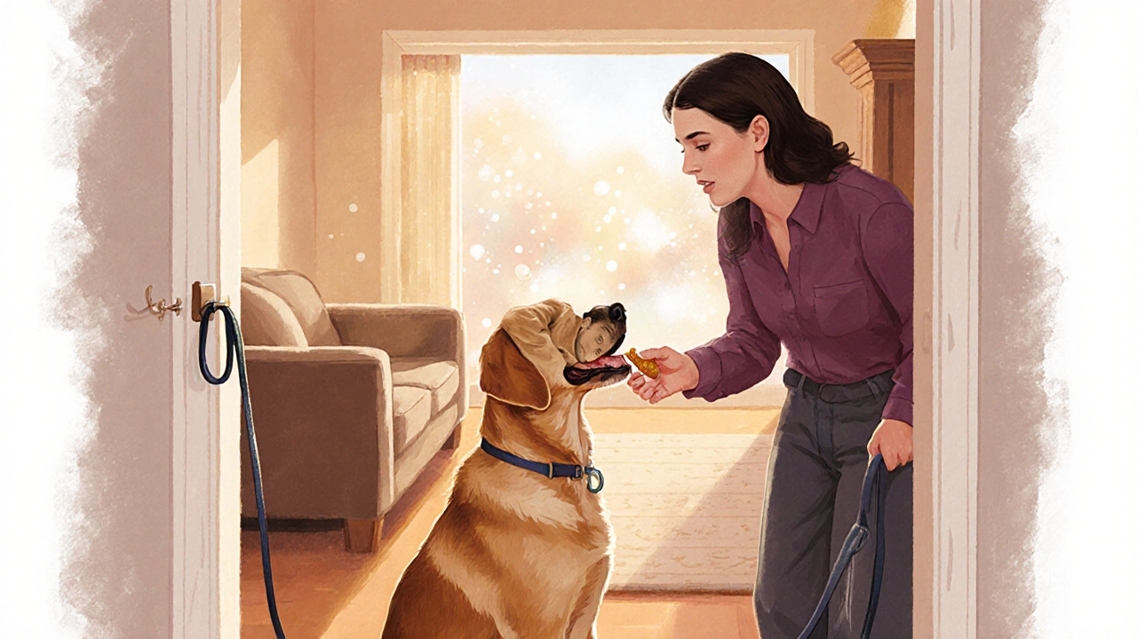 Собака сидит, когда гость заходит, владелец дает ей лакомство, а гость улыбается — атмосфера доверия и спокойствия.