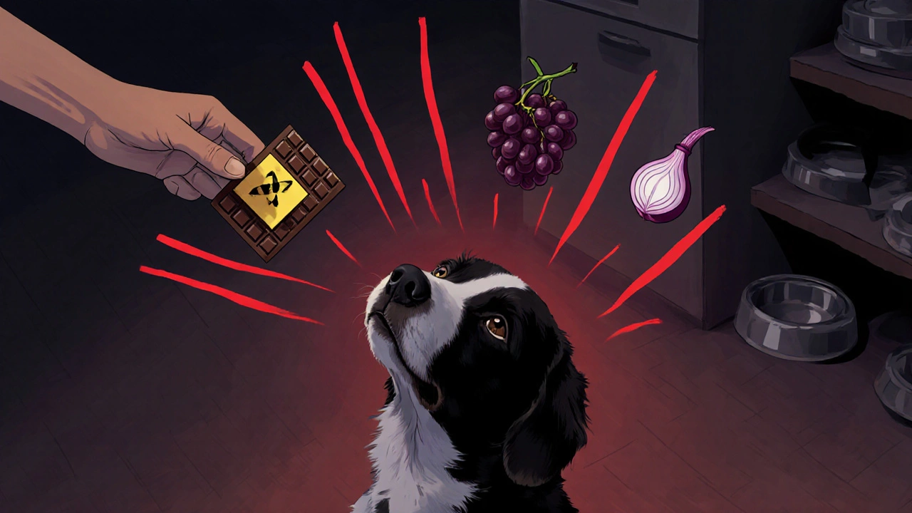 Собака смотрит на шоколад, виноград и лук, вокруг — красные предупреждающие линии.