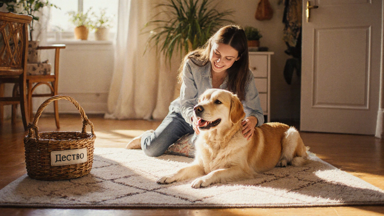 Собака спокойно лежит на коврике в доме, владелец гладит её.
