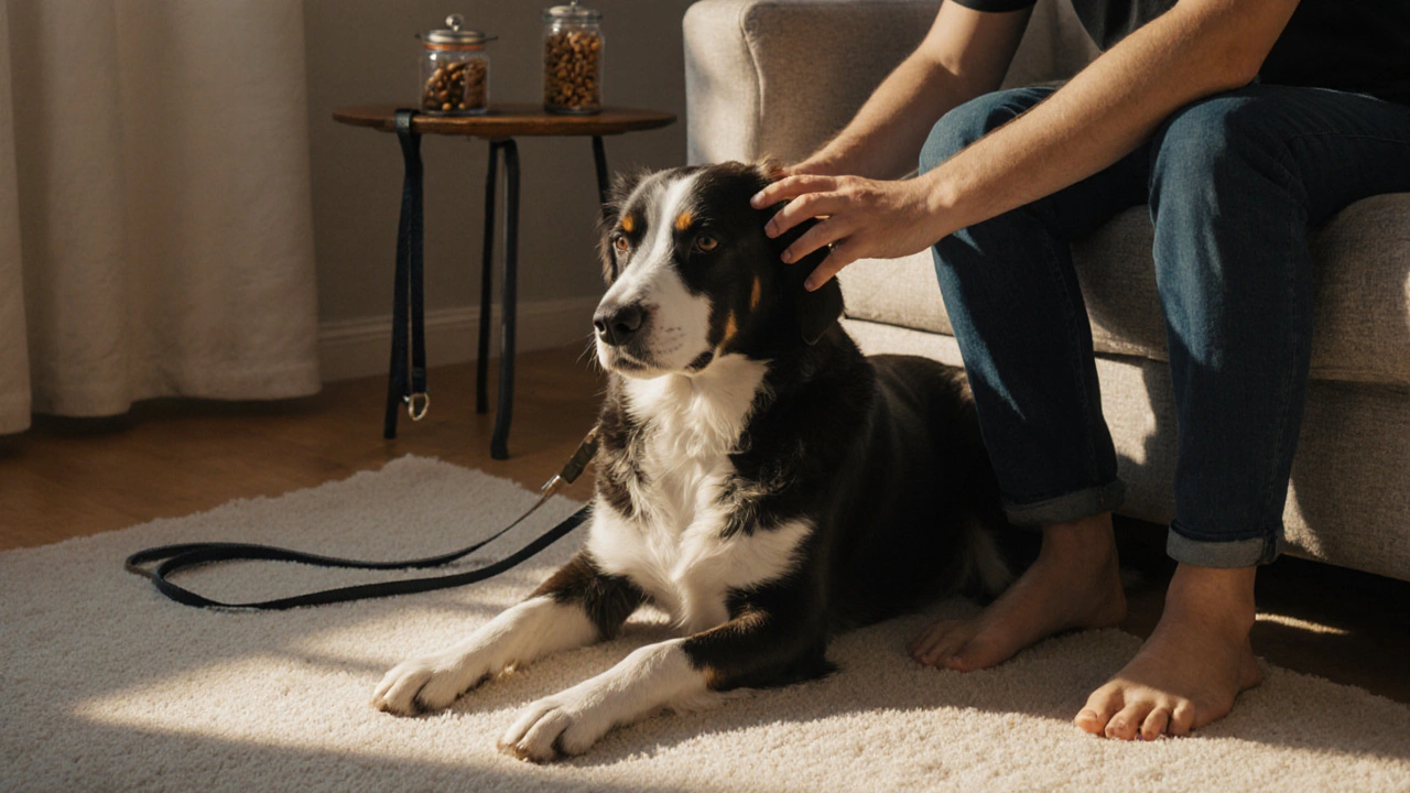 Собака спокойно лежит рядом с владельцем на диване, проявляя уверенное поведение.