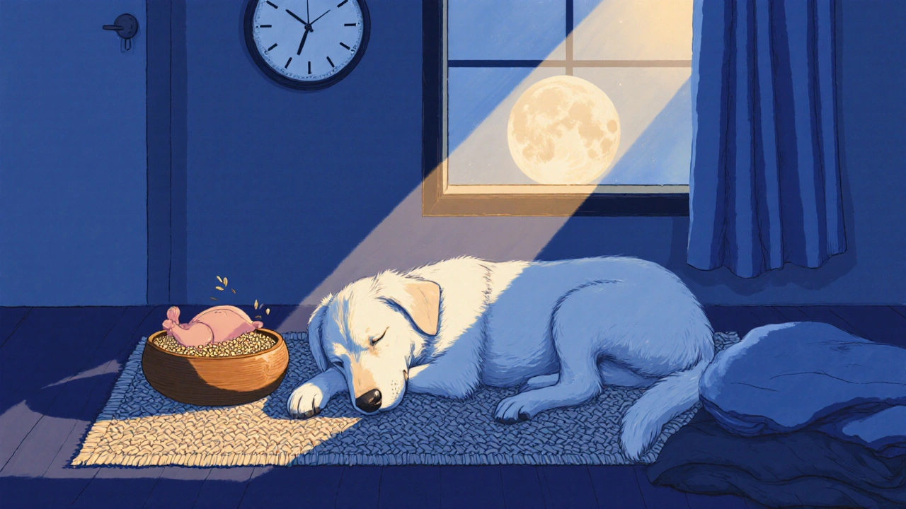 Собака спокойно спит ночью после вечернего кормления курицей и гречкой.