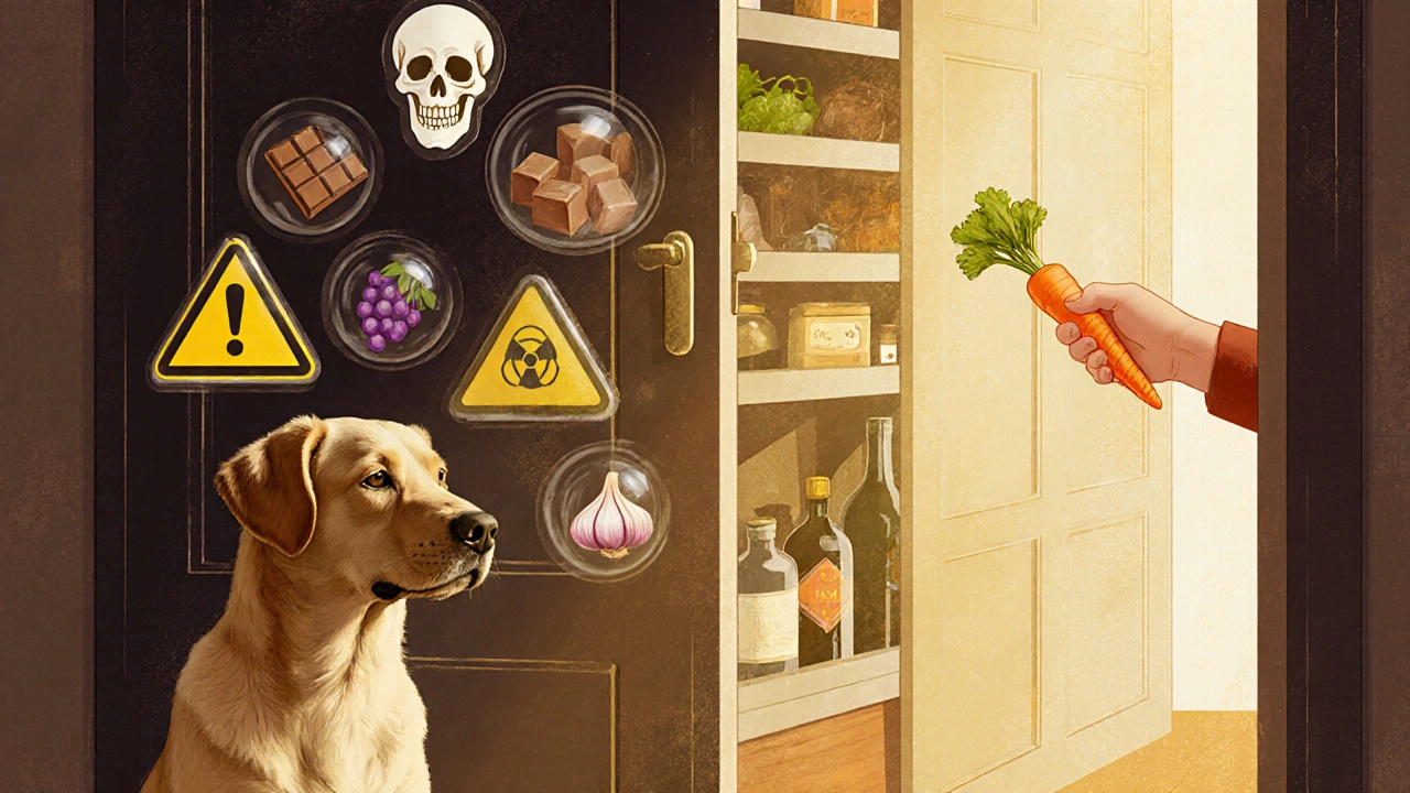 Собака у закрытой кладовой, внутри которой видны опасные продукты, а снаружи — безопасная морковь.