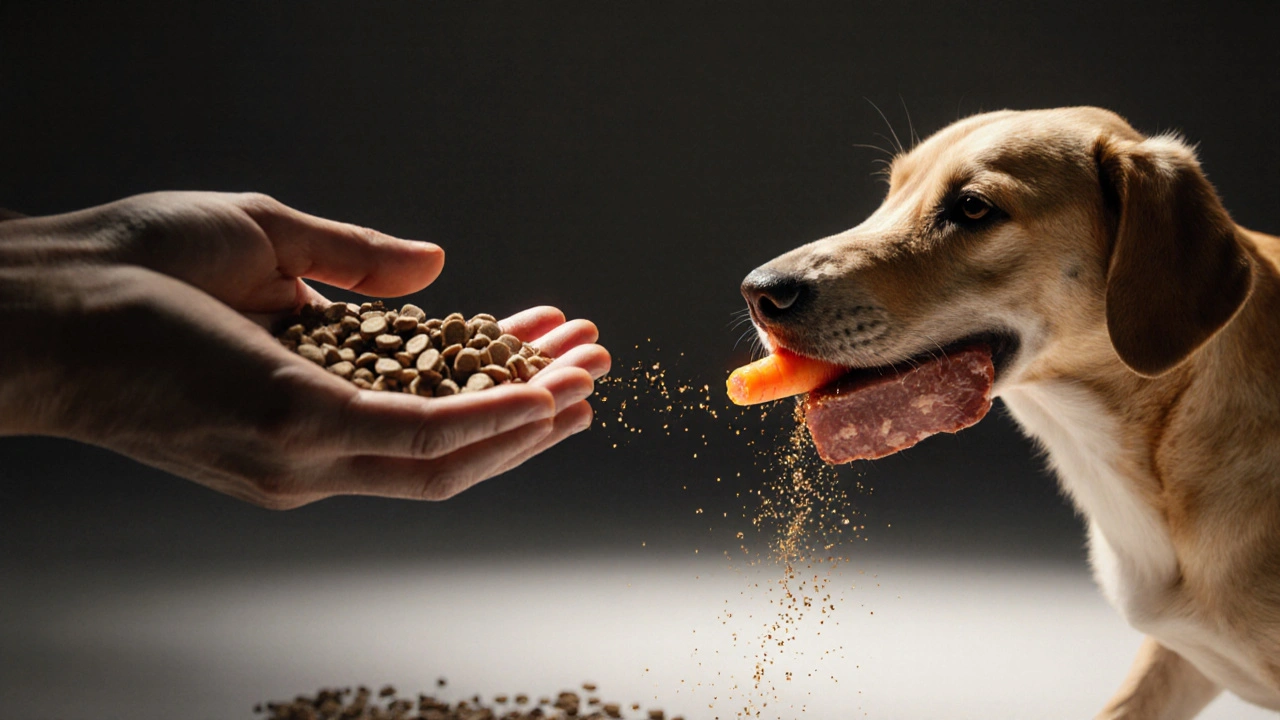 Собака видит разницу между сухим кормом и свежим мясом с морковью.