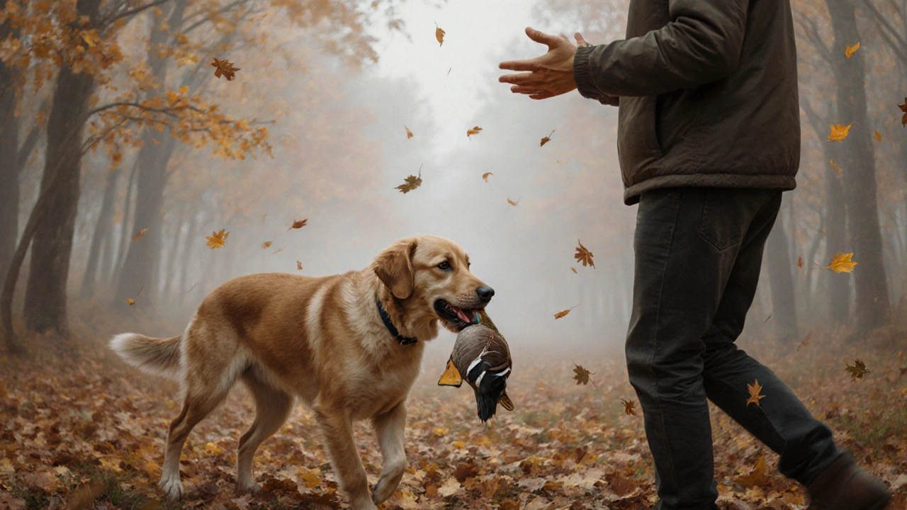 Собака возвращается к охотнику с уткой в зубах в туманном лесу.