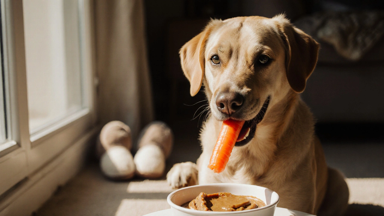 Собака жует замороженную морковь и лизет пасту на игрушке, на фоне солнечной кухни.