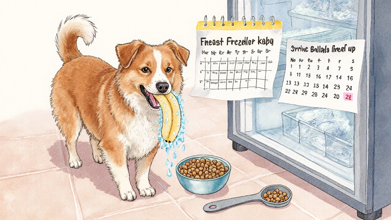 Собака жуёт замороженный кусочек банана, на полу видны капли конденсата.