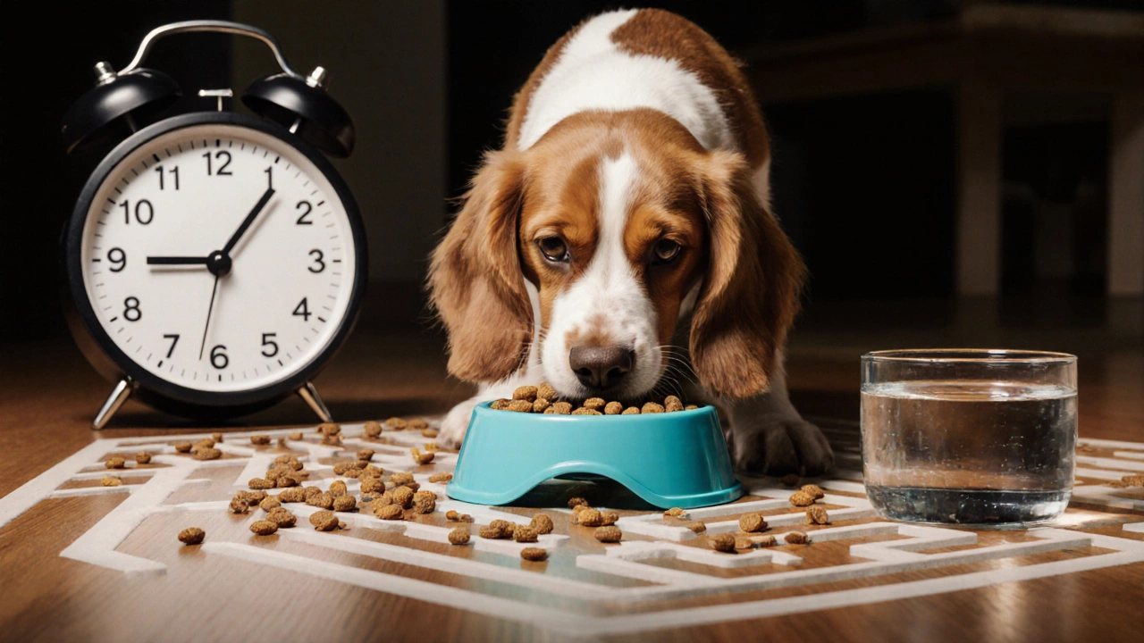 Спаниель ест из медленной кормушки, корм разбросан по полу, рядом миска с водой.