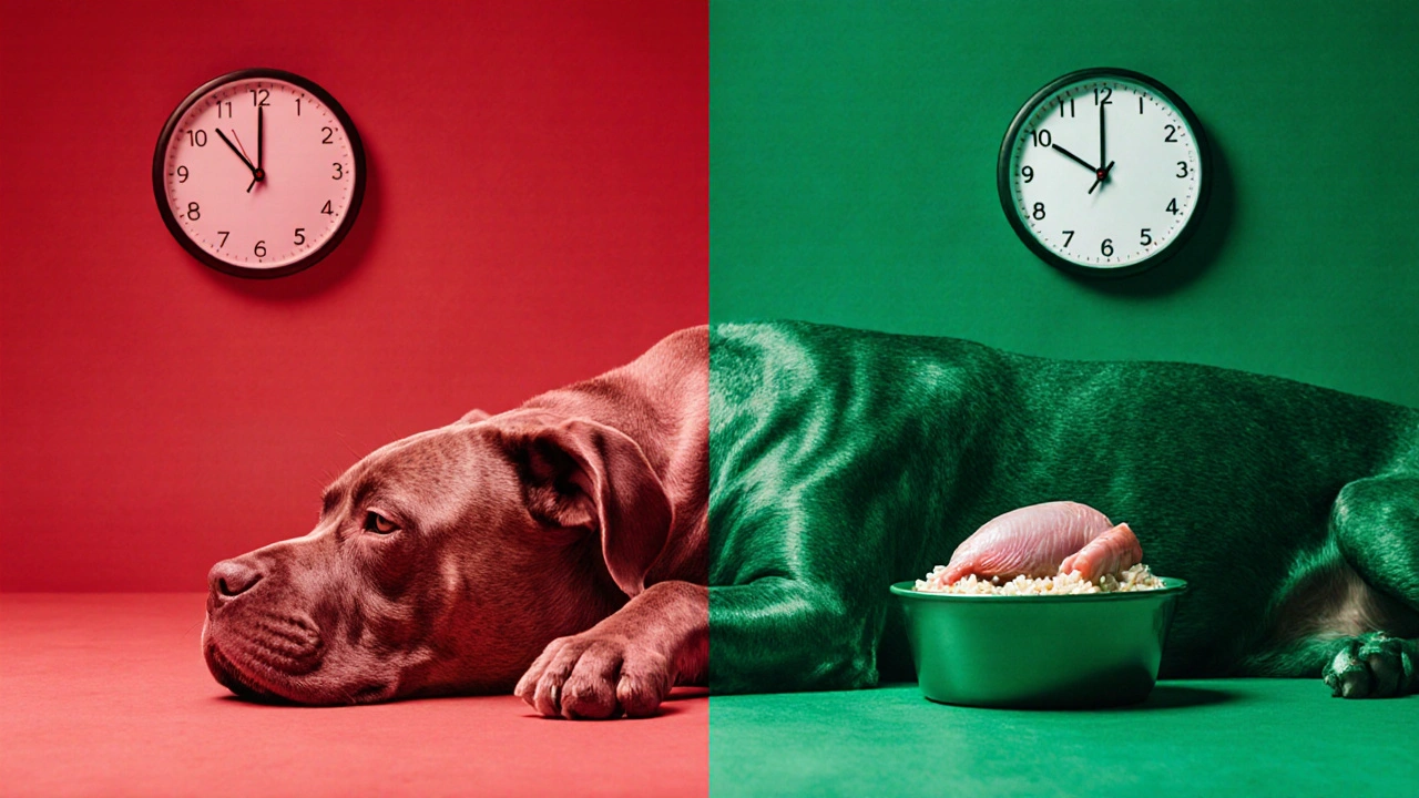 Сравнение: собака с вздутым животом после еды сразу после охоты и спокойная после двухчасового перерыва.