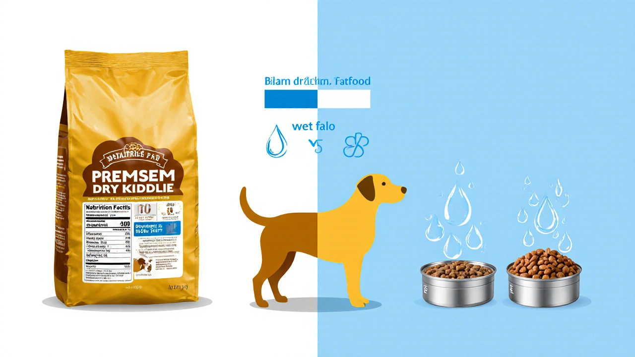 Сравнение сухого и влажного корма для собак: мешок сухого корма и баночки влажного, с энергетическими метками.