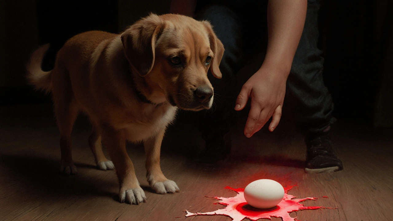 Сырое яйцо на полу с символами бактерий рядом с обеспокоенной собакой.