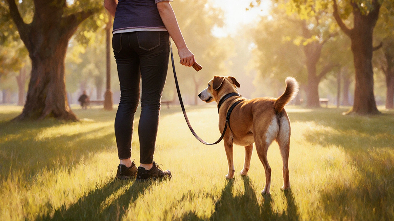 Тренер держит лакомство у бедра, собака оглядывается, готовая шагнуть вправо, фон размыт.