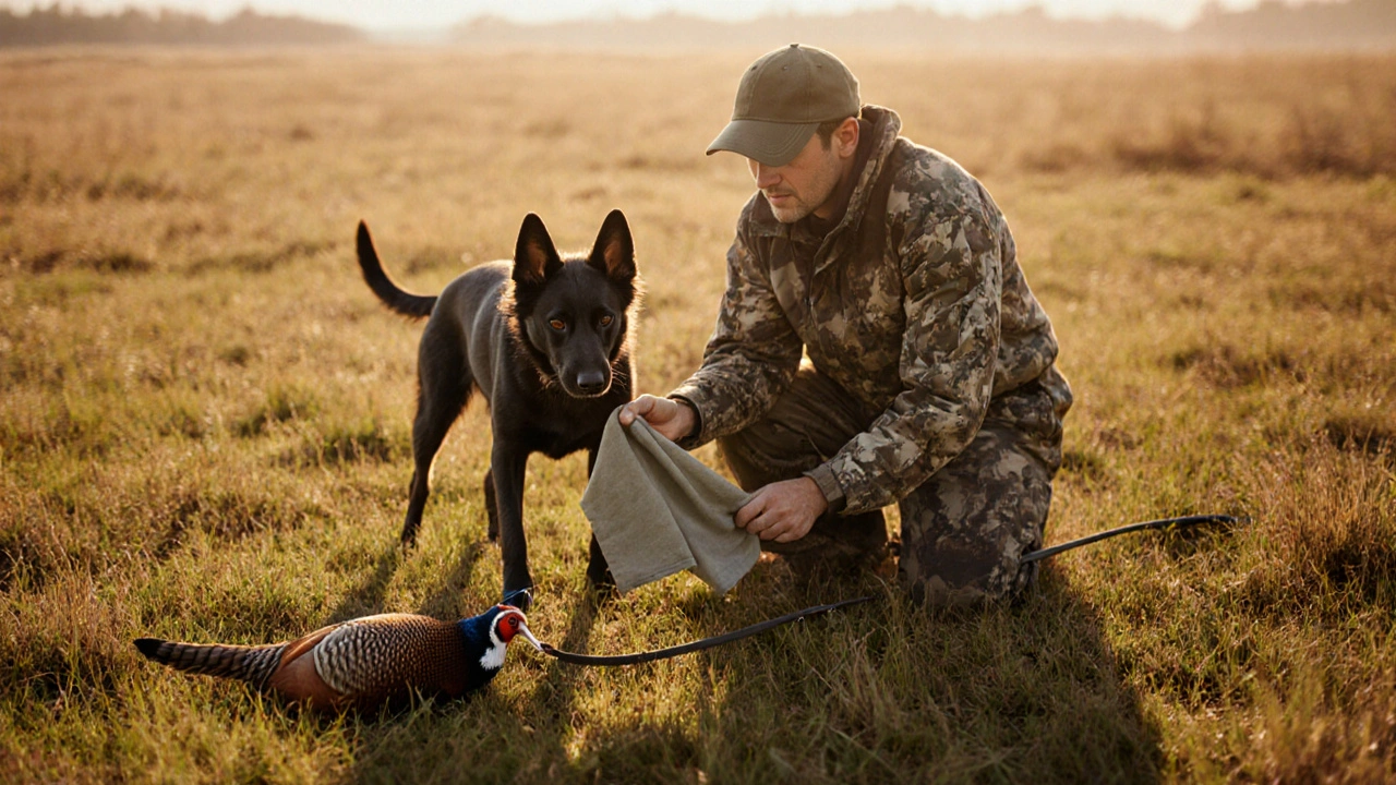 Тренер обучает собаку работать с запахом дичи на поле.