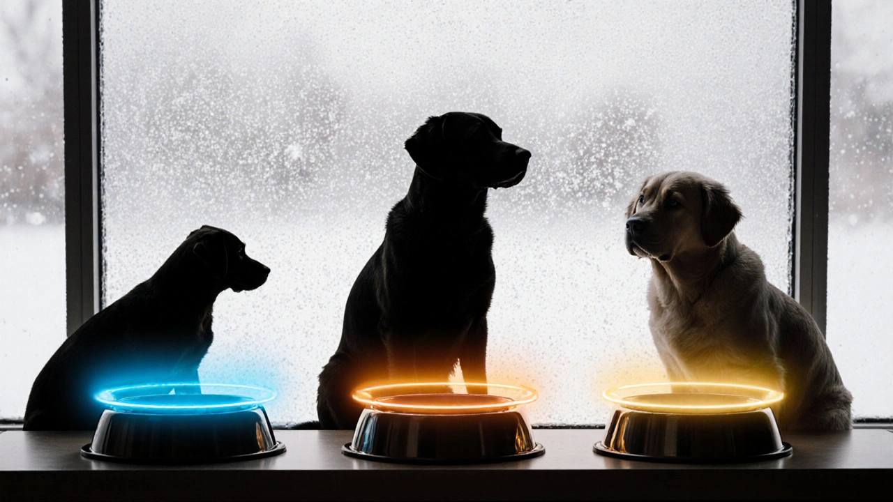 Три собаки разных возрастов с температурными галоами над мисками на фоне зимнего окна.