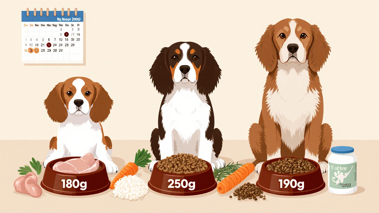 Три спаниеля разных возрастов с порциями корма и натуральными продуктами.