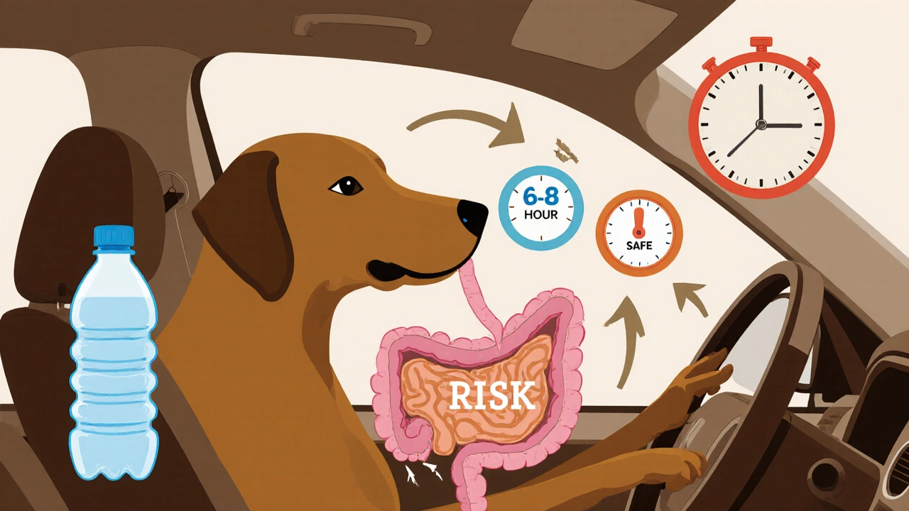 Упрощённая схема желудка собаки в движущемся автомобиле: пустой желудок — безопасно, полный — риск.