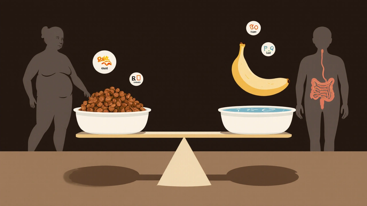 Весы с кормом для собаки и одним кусочком банана — символ умеренности.