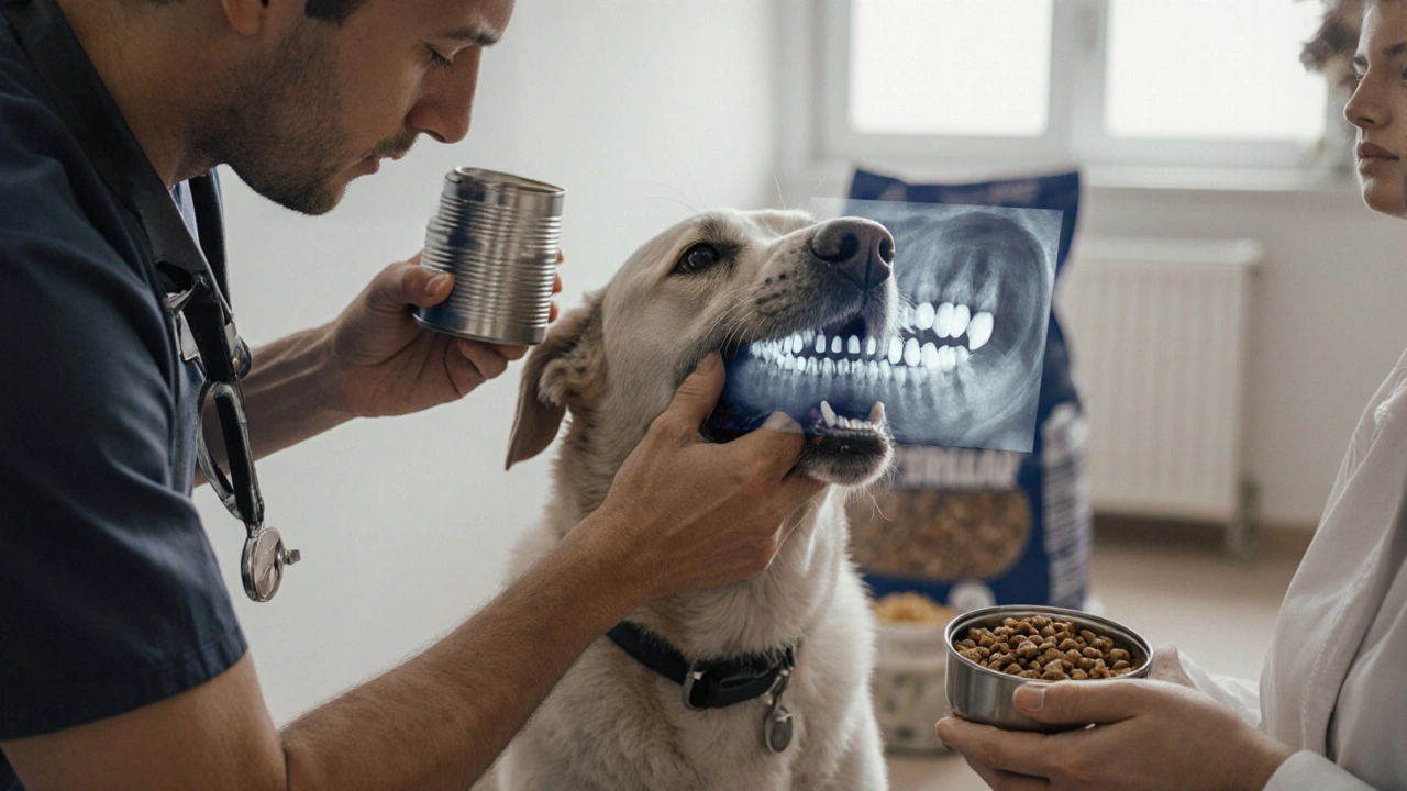 Ветеринар осматривает собаку с проблемами зубов, в руках — сухой и влажный корм, на фоне клиники.