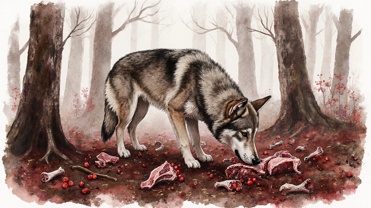 Волкособ нюхает сырое мясо и ягоды на лесном полу под туманом.