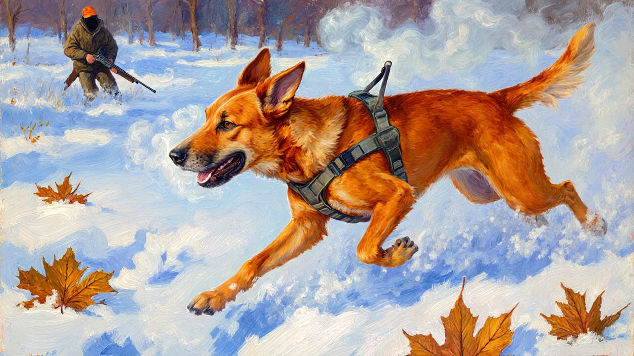 Взрослая охотничья собака бежит по снегу, дышит паром, охотник вдалеке, зимний пейзаж.