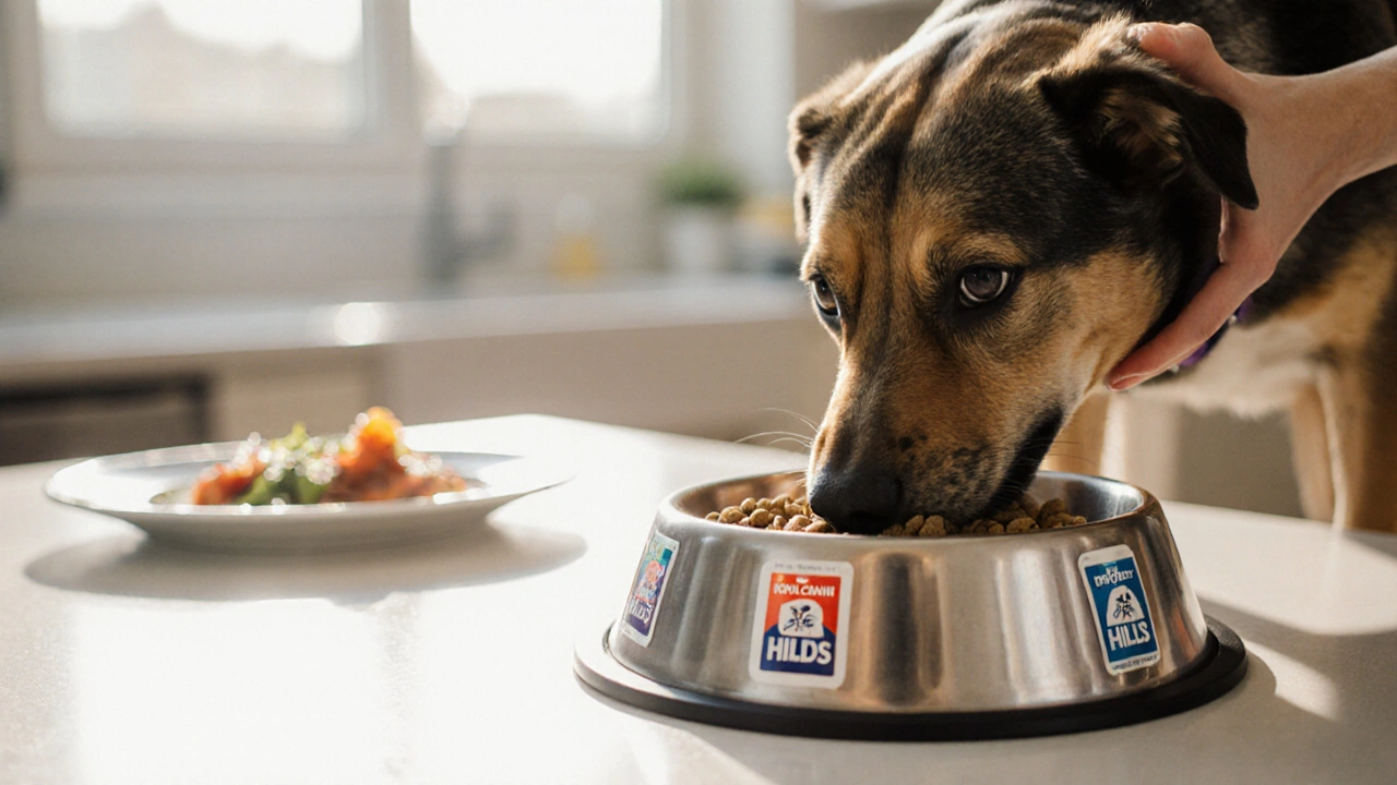 Здоровая собака ест качественный корм, хозяин гладит её, на столе — упаковки премиум-кормов.