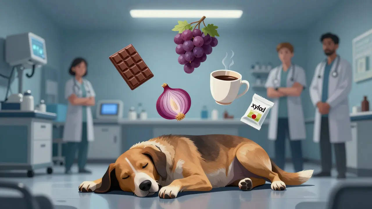 Больная собака на полу ветклиники, вокруг неё парят символы отравляющих веществ.