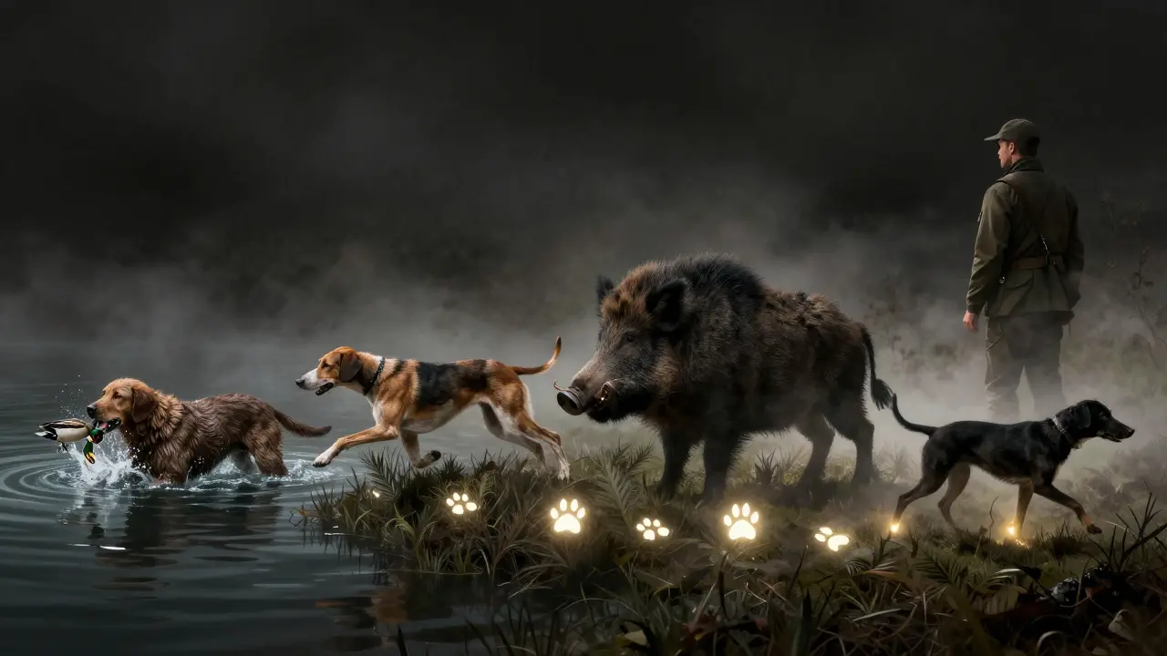 Четыре породы охотничьих собак выполняют разные задачи: поиск, подача, преследование и защита.