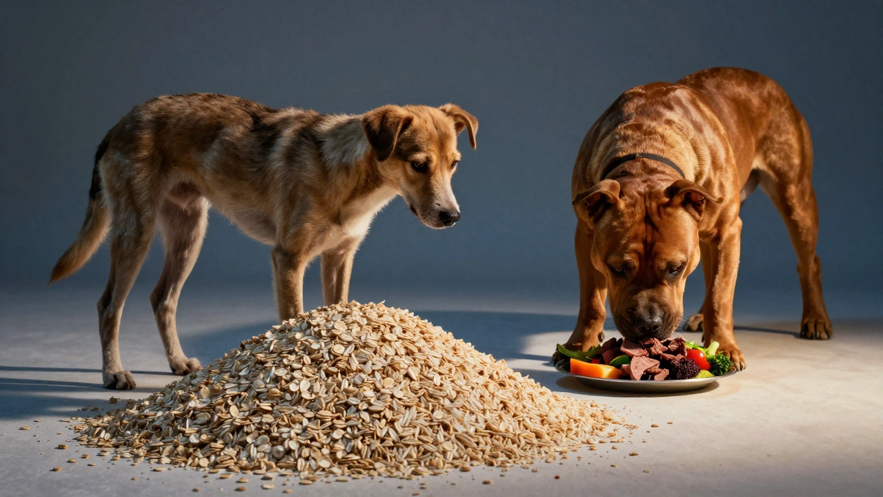 Две собаки: одна тощая с кашей, другая здоровая с мясом — контраст питания.